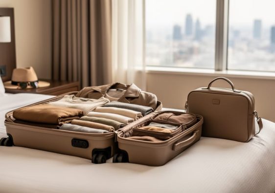 Neatly packed carry-on suitcase and personal bag with folded neutral clothing items laid out on a bed, illustrating a capsule wardrobe for a month-long trip.