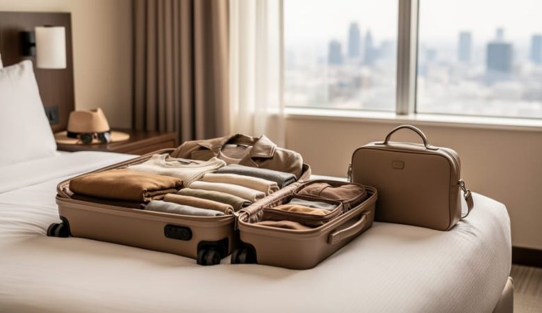 Neatly packed carry-on suitcase and personal bag with folded neutral clothing items laid out on a bed, illustrating a capsule wardrobe for a month-long trip.