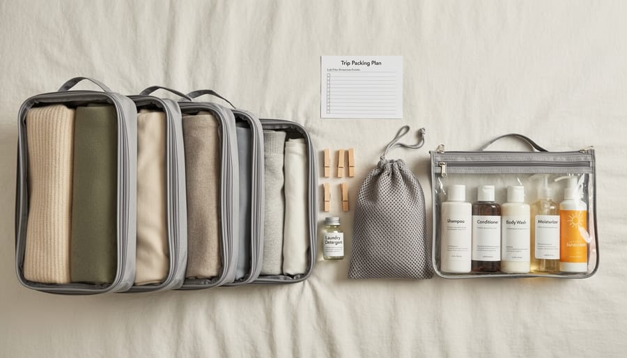 Carry-on suitcase with packing cubes and toiletries pouch arranged for organized packing