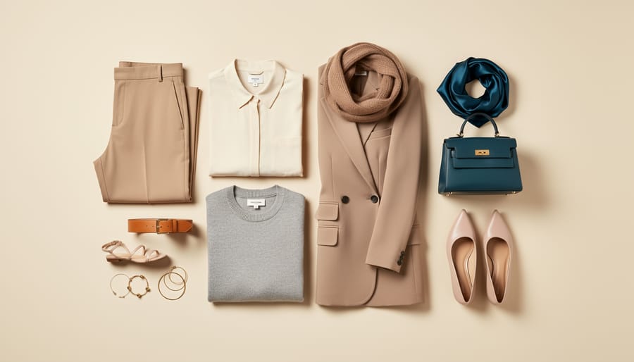 Travel clothing and accessories arranged to show a neutral base color palette with one accent color