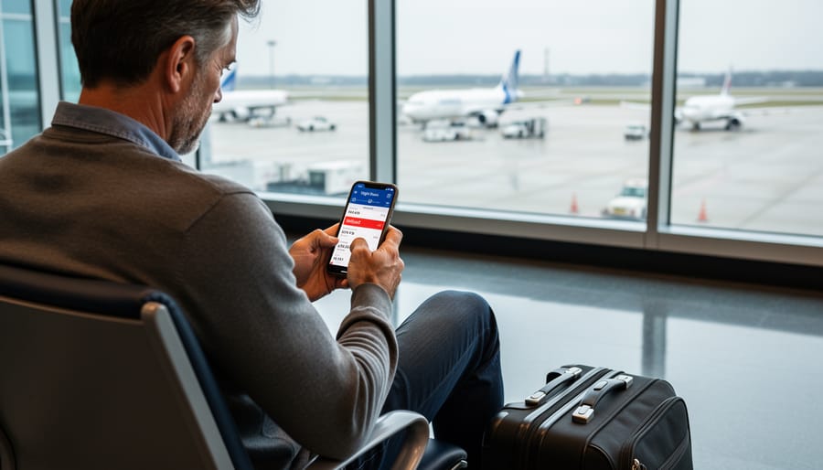 Close-up of a traveler holding a smartphone near a gate area in LaGuardia Airport.