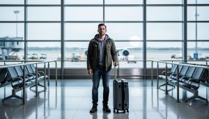 “Traveler waiting near a LaGuardia terminal gate with an aircraft visible at the tarmac in the background.”