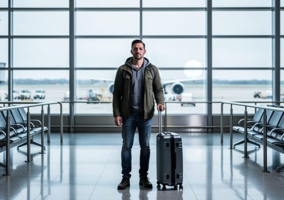 “Traveler waiting near a LaGuardia terminal gate with an aircraft visible at the tarmac in the background.”