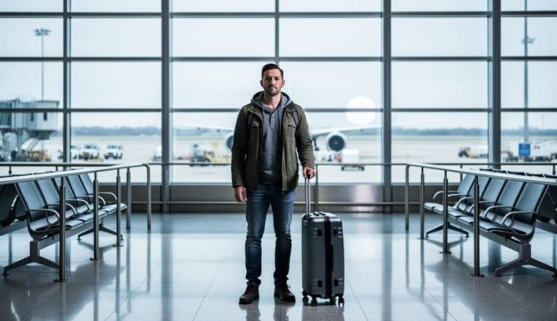 “Traveler waiting near a LaGuardia terminal gate with an aircraft visible at the tarmac in the background.”