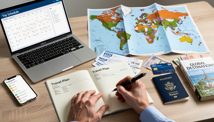 Close-up of hands organizing a passport and travel documents in a leather organizer near an airport