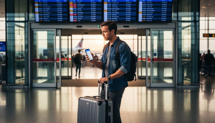 Traveler holding a smartphone and gripping a rolling suitcase handle near an airport entrance