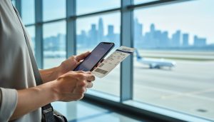 Traveler holding a smartphone and boarding pass in an airport departure lounge with a plane silhouette visible through a window.