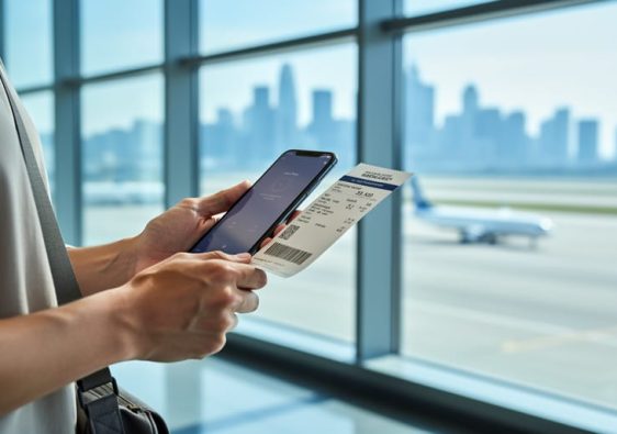 Traveler holding a smartphone and boarding pass in an airport departure lounge with a plane silhouette visible through a window.
