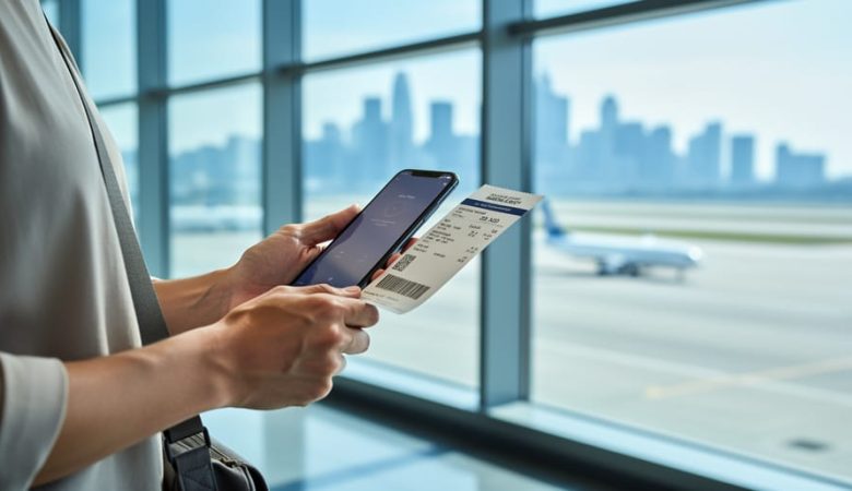 Traveler holding a smartphone and boarding pass in an airport departure lounge with a plane silhouette visible through a window.