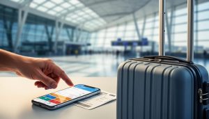 Traveler’s hand about to book a flight on a smartphone near a carry-on suitcase in a softly blurred airport terminal.