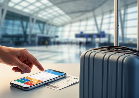 Traveler’s hand about to book a flight on a smartphone near a carry-on suitcase in a softly blurred airport terminal.