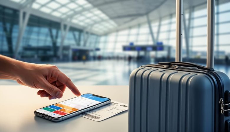 Traveler’s hand about to book a flight on a smartphone near a carry-on suitcase in a softly blurred airport terminal.