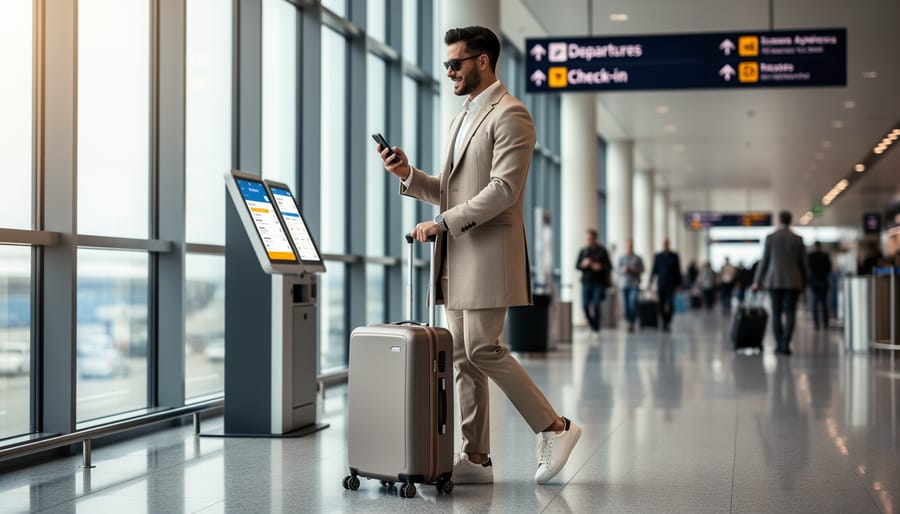 Traveler holding a smartphone and passport next to a carry-on suitcase in an airport lounge