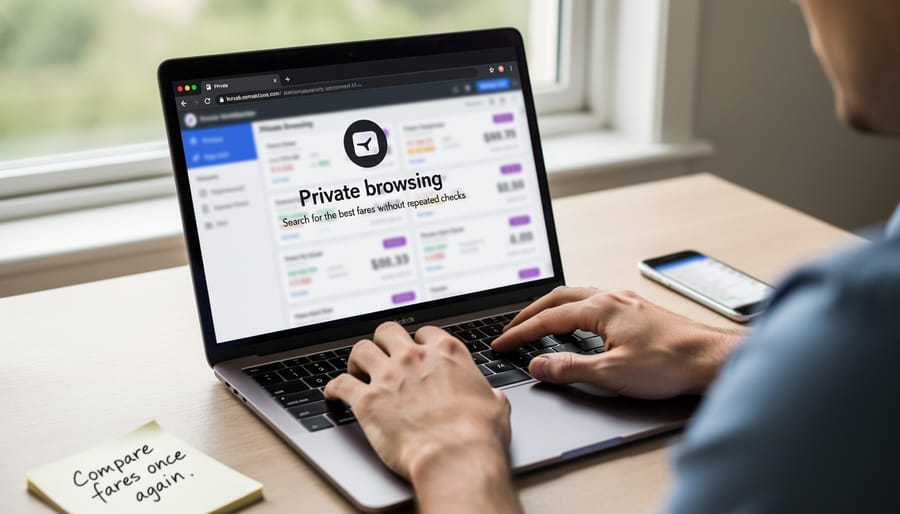 Hand hovering over laptop keyboard in a home workspace suggesting private browsing