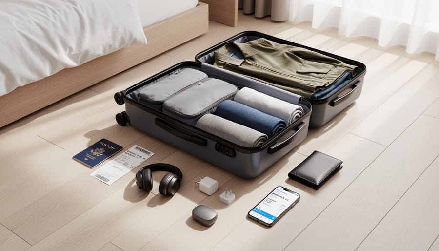 Open carry-on suitcase with neatly folded clothing and toiletries in a minimalist packing scene