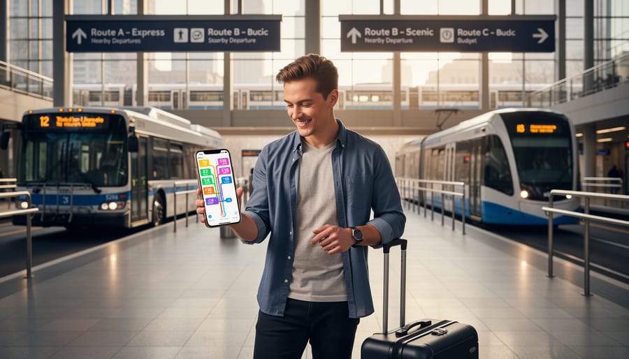 Traveler with suitcase at a train platform near an airport shuttle area at golden hour